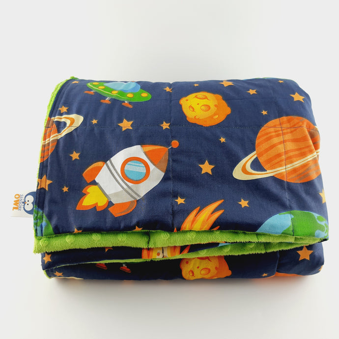 galaxy and green minky weighted blanket