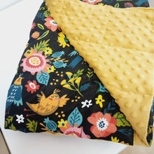 Load image into Gallery viewer, BIRDS &#39;N&#39; FLOWERS WEIGHTED BLANKET WITH MUSTARD MINKY BACKING