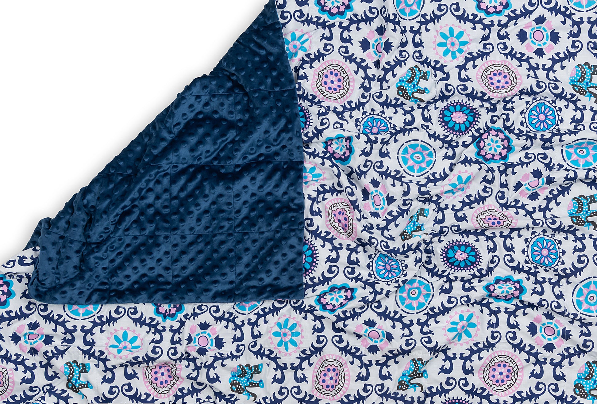 MANDALA WEIGHTED BLANKET full lengt fron plush side in navy colour