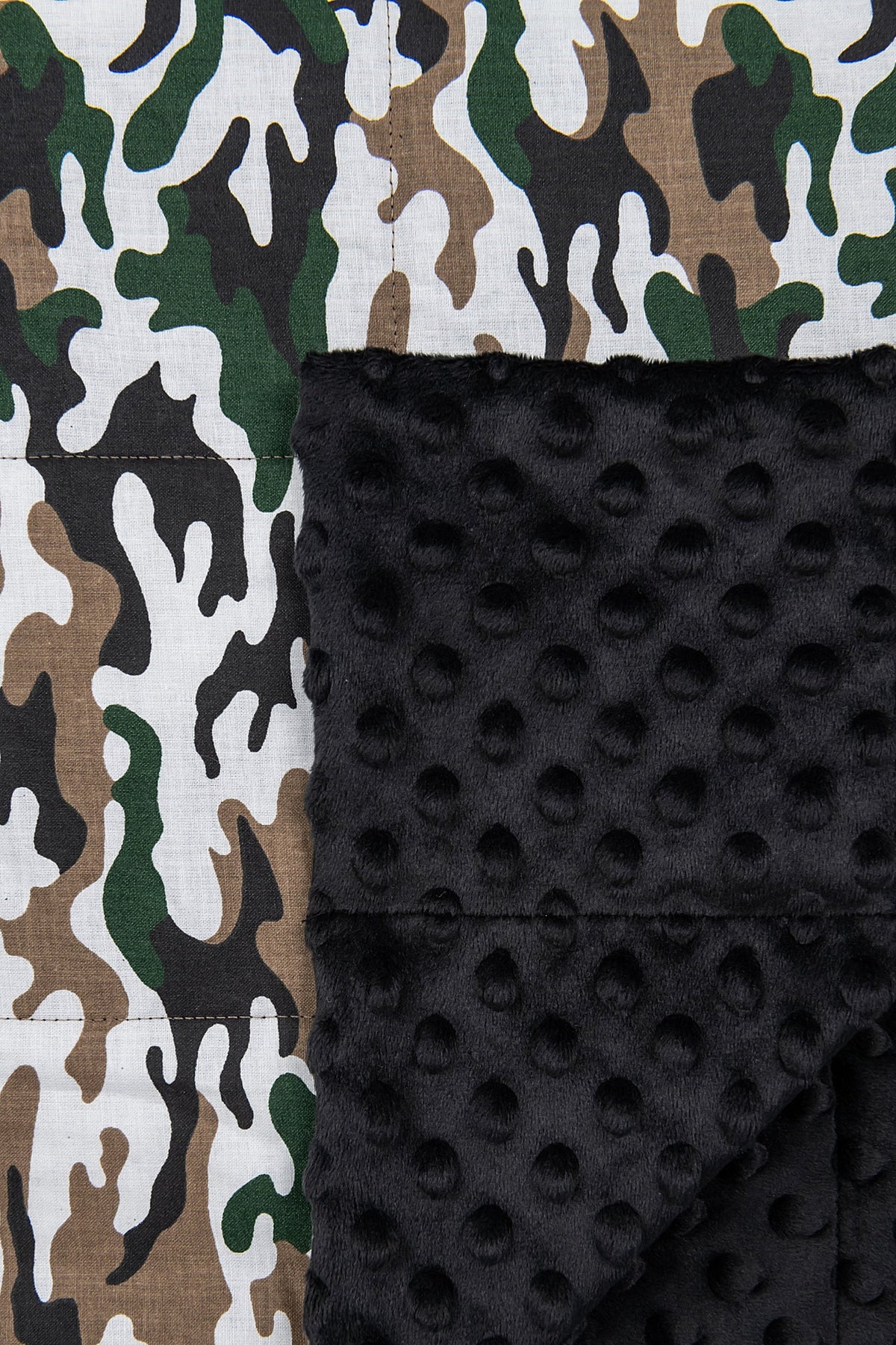 CAMO PATTERN WEIGHTED BLANKET black minky close up