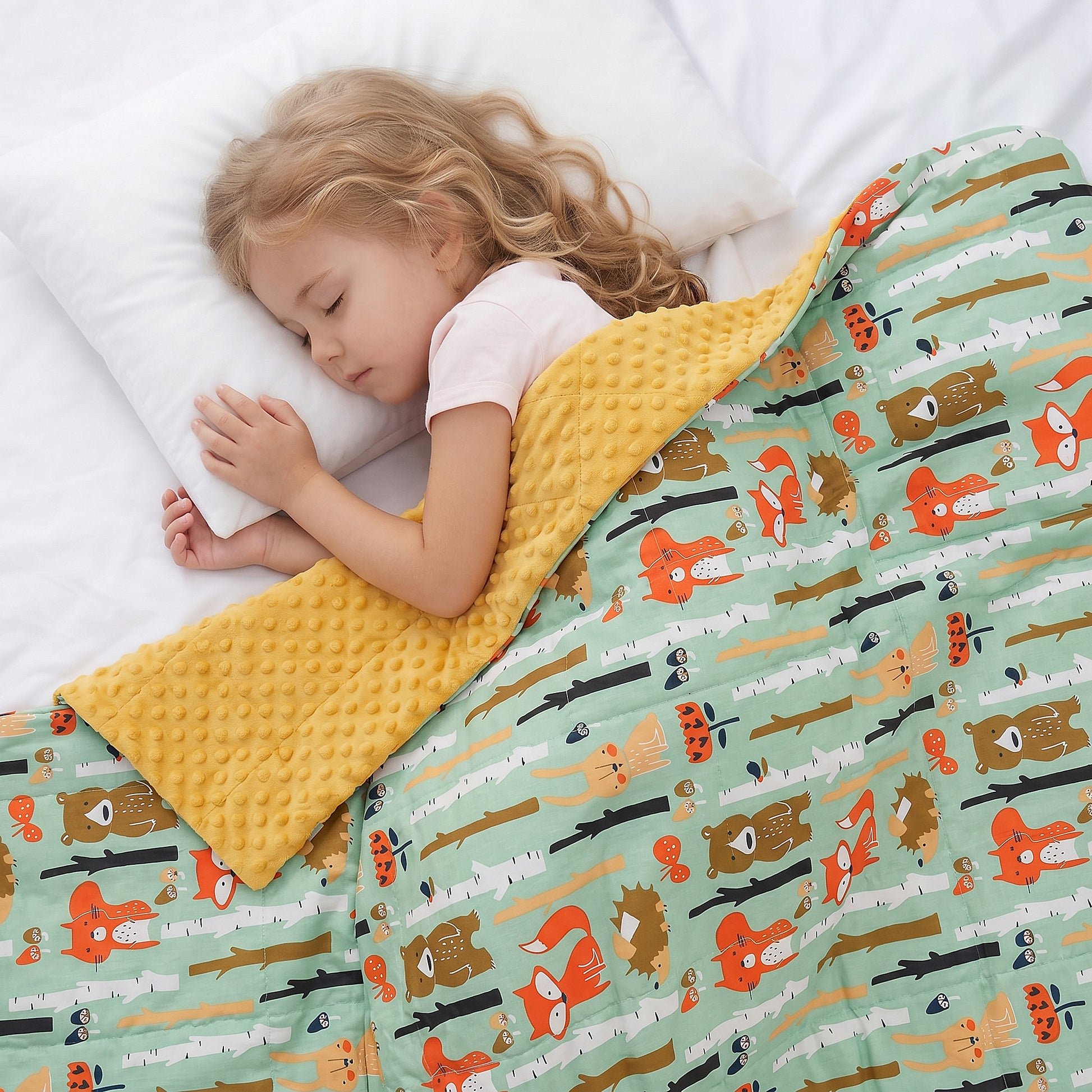 a girl sleeping under the blanket made of cotton in woodland animals print