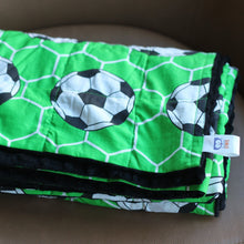 Load image into Gallery viewer, FOOTBALL PATTERN &amp; BLACK MINKY WEIGHTED BLANKET | SENSORY OWL