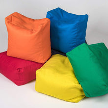 Load image into Gallery viewer, COTTON SQUARE POUFS ON THE FLOOR IN GREEN, YELLOW, BLUE, RED AND ORANGE| SENSORY OWL